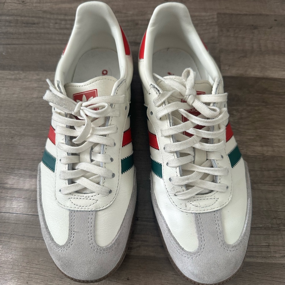 Adidas Womens White, Red, and Green Sneakers
